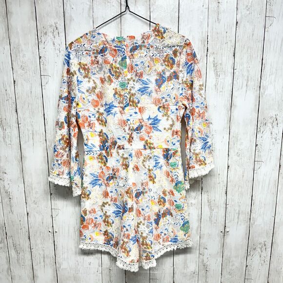 Entro Romper Women S White Floral Fit & Flare Ruffle Short Bell Sleeve Lace Trim - Picture 4 of 4